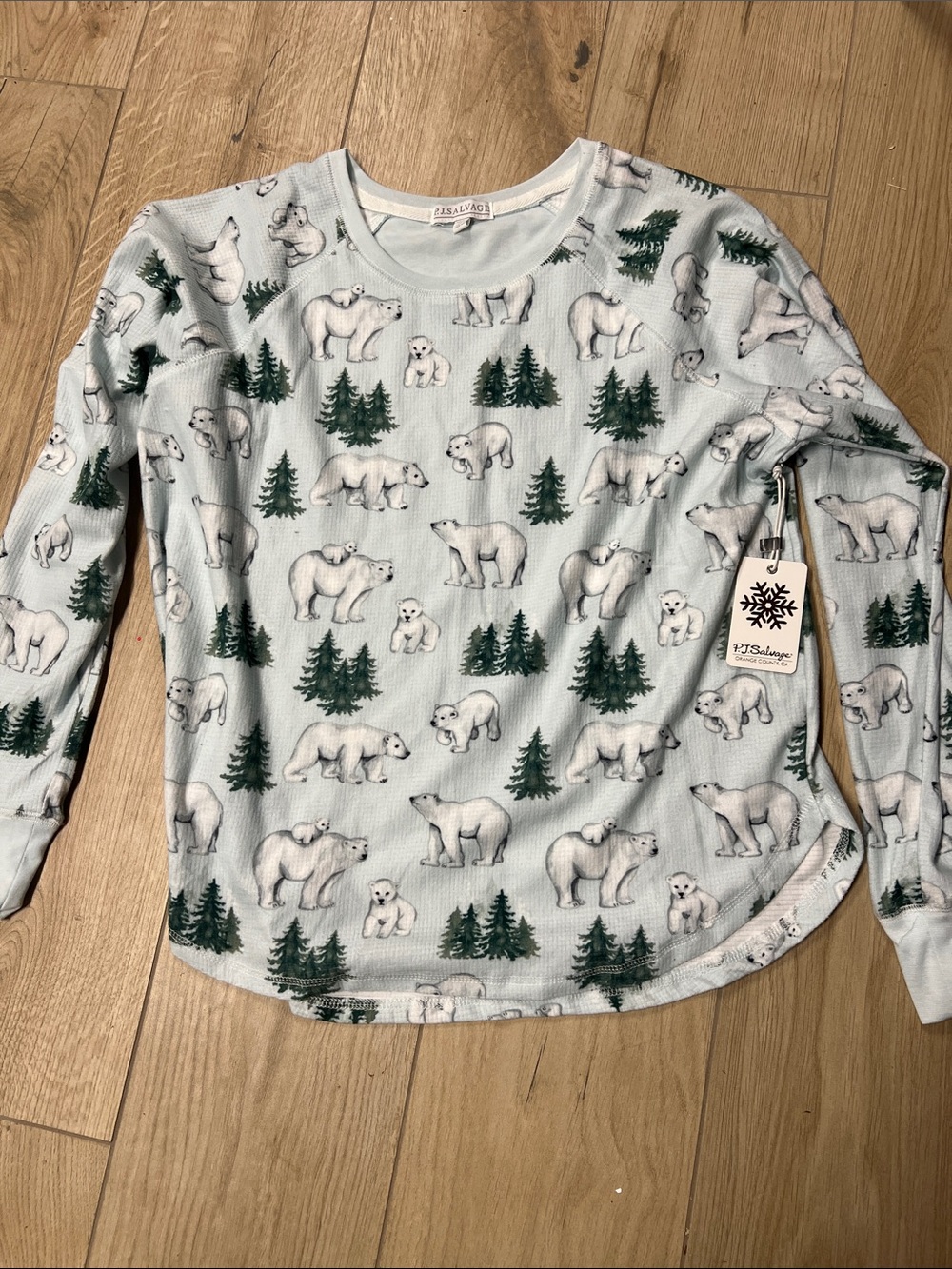PJ Salvage Light Blue Long Sleeve Top with Polar Bear & Green Tree Print